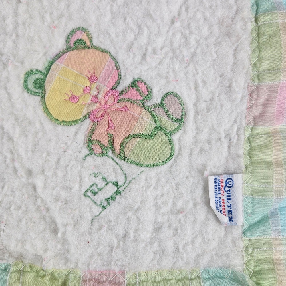 Vintage Quiltex Baby Blanket Pastel Plaid Teddy Bear White Sherpa Fleece 38X24"